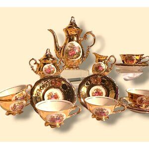 Vintage Bavarian Porcelain Gold Tea Set With Hand-Painted Romantic Scenes